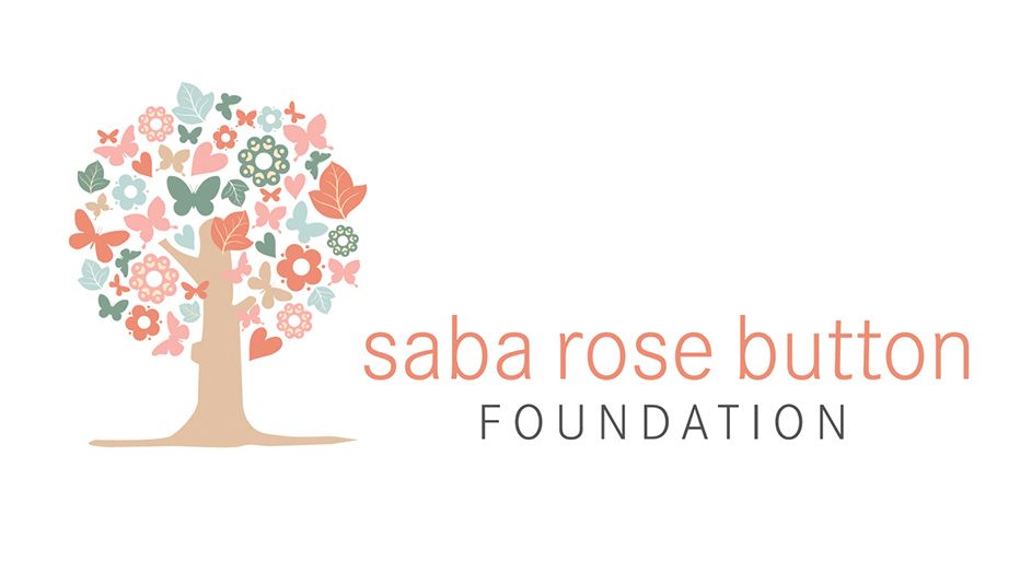 A stylized tree logo with coral and mint green flowers and leaves next to 'saba rose button foundation' text.