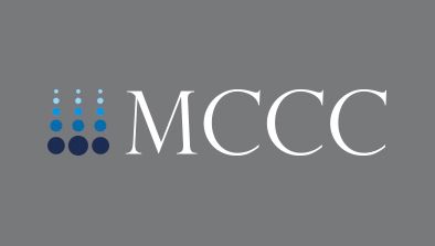 A series of four identical MCCC logos with dots and text in grayscale tones against a neutral background.