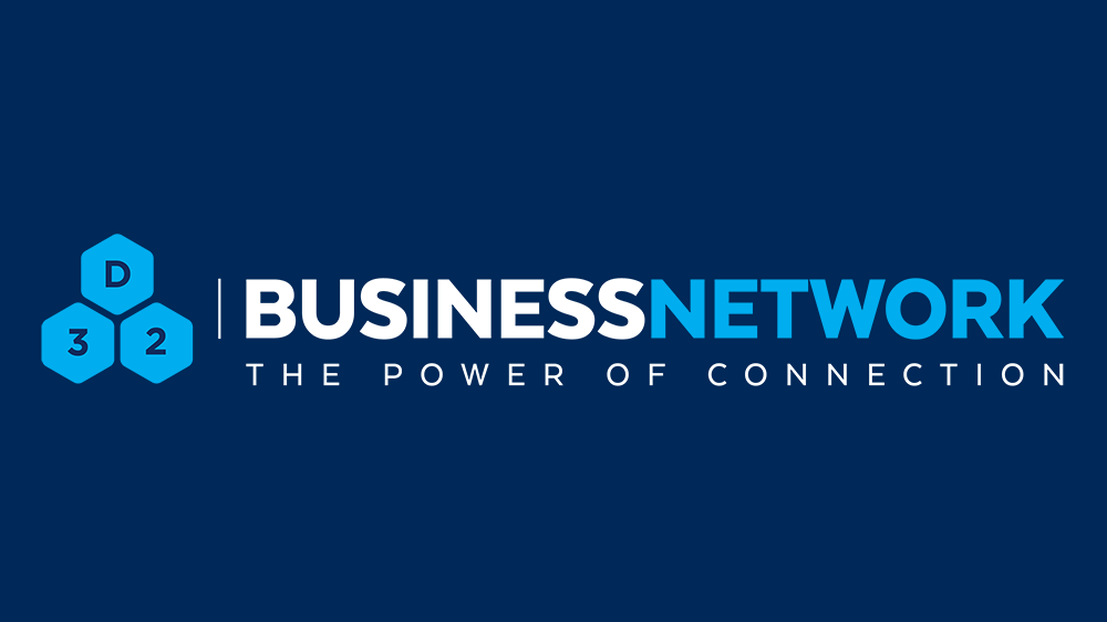 A dark blue business network logo design featuring connected hexagonal shapes and white text emphasizing connection.