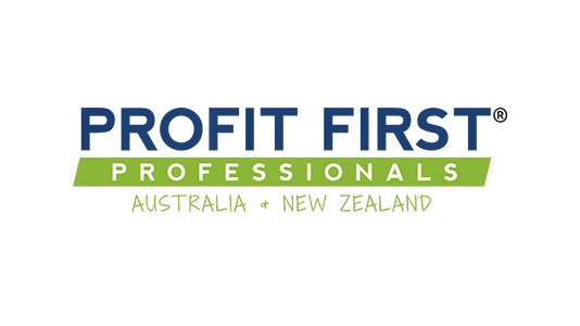 Green and blue Profit First Professionals logo for Australia and New Zealand with text and graphic elements.