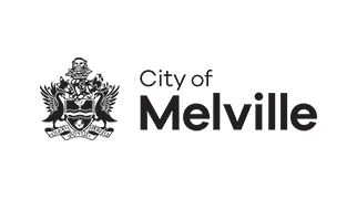 A municipal logo for the City of Melville featuring a heraldic crest design with black text on white background.