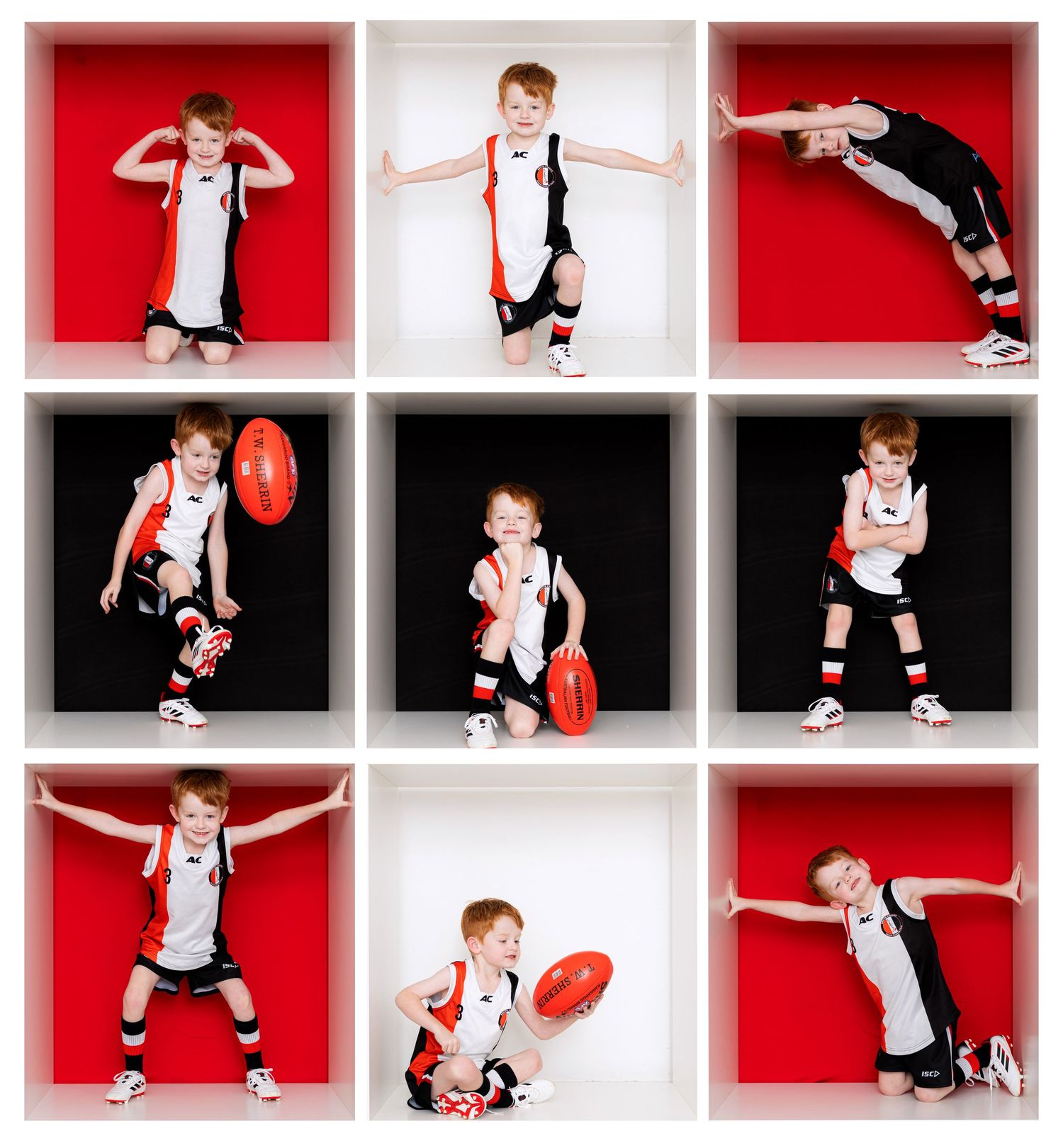 Young athlete in white jersey and black shorts performs dynamic poses with basketball against red backdrop.