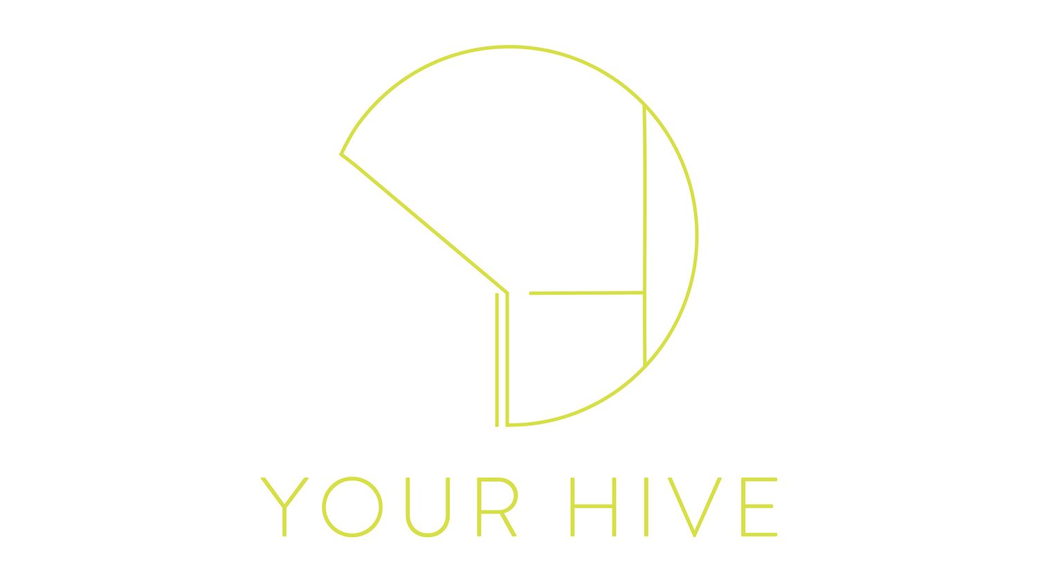 Minimalist yellow line drawing of a beehive logo design with text 'YOUR HIVE' on white background.