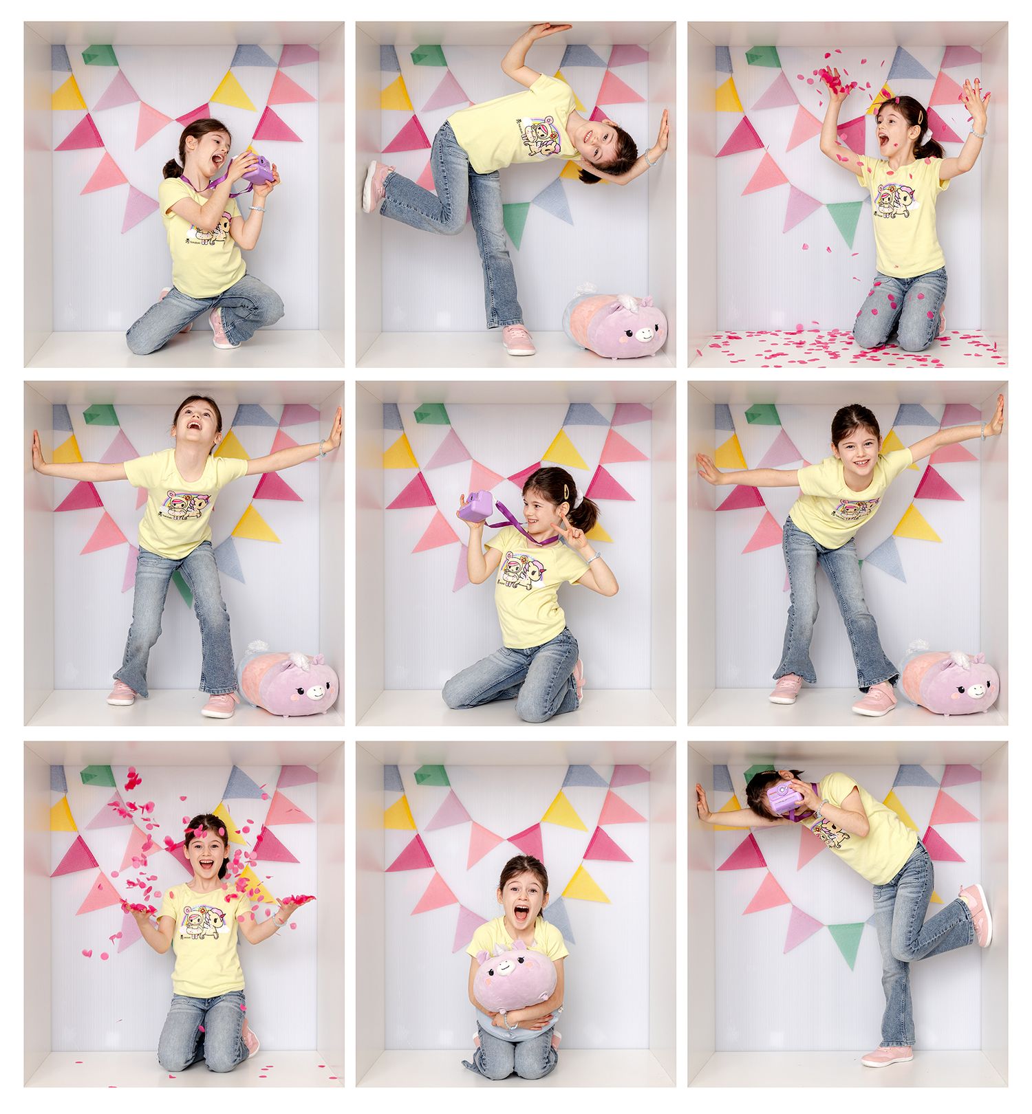 A playful photo collage showing someone lying on the floor in various poses against a white background with colorful bunting.
