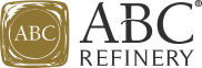 A row of ABC Refinery gold logos in metallic colors with reflective surfaces and shadows.