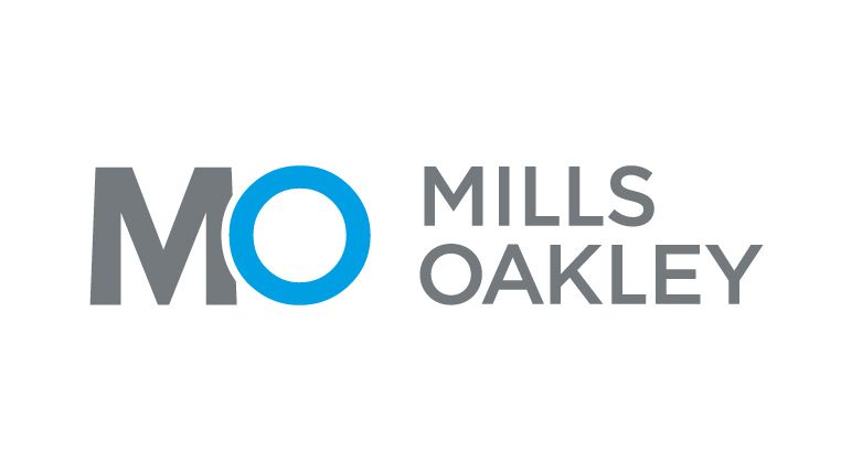 Two logo variations for Mills Oakley law firm with text in black and blue colors.