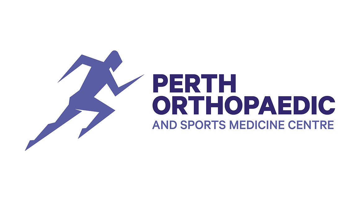 A blue silhouette of a runner in motion next to the Perth Orthopaedic and Sports Medicine Centre logo.