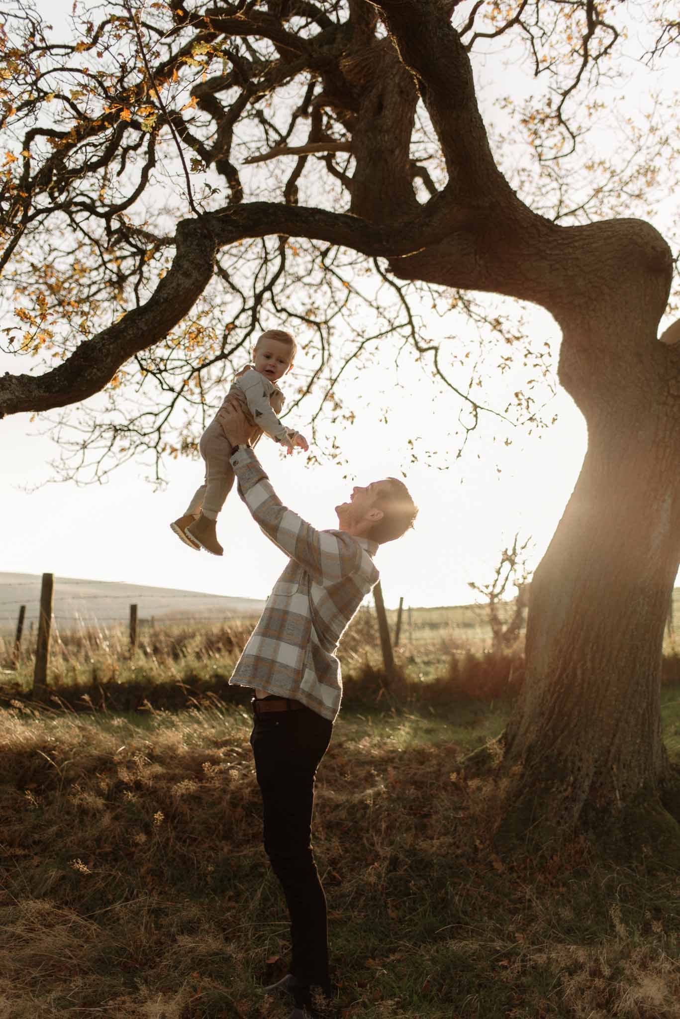 Silhouette of parent lifting child beneath a large oak tree at sunset in a countryside setting.