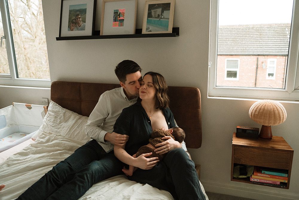 A collage of intimate couple photos showing tender moments on a couch and bed in a modern home setting.