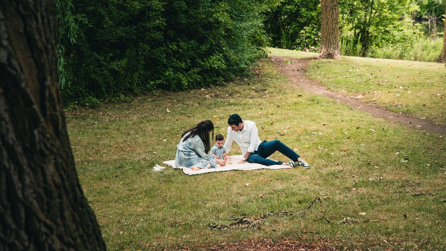A group of people relaxing on blankets in a shaded park area on a sunny summer day.