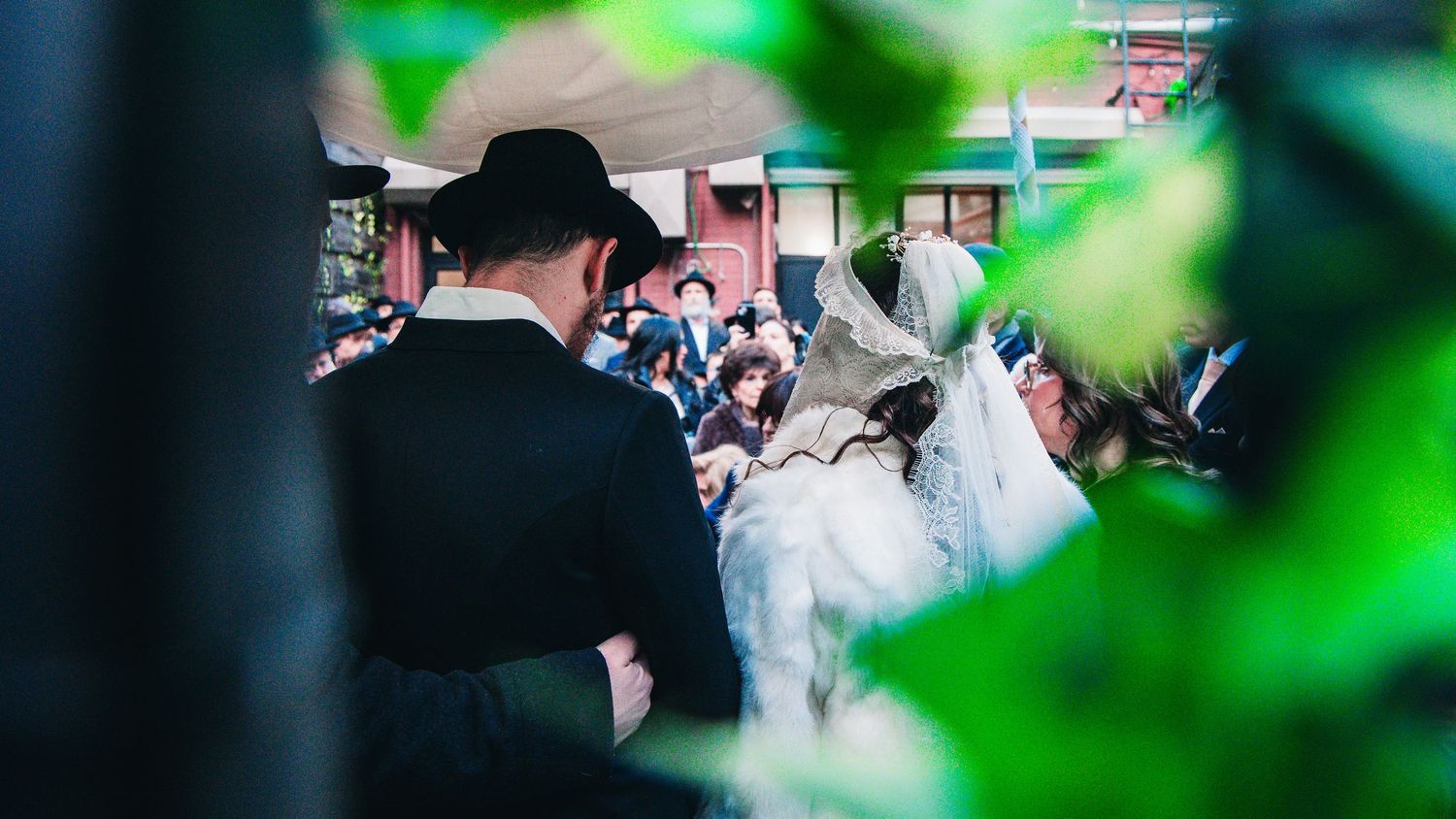A blurred wedding scene with green foliage in the foreground and soft bokeh lighting effects.
