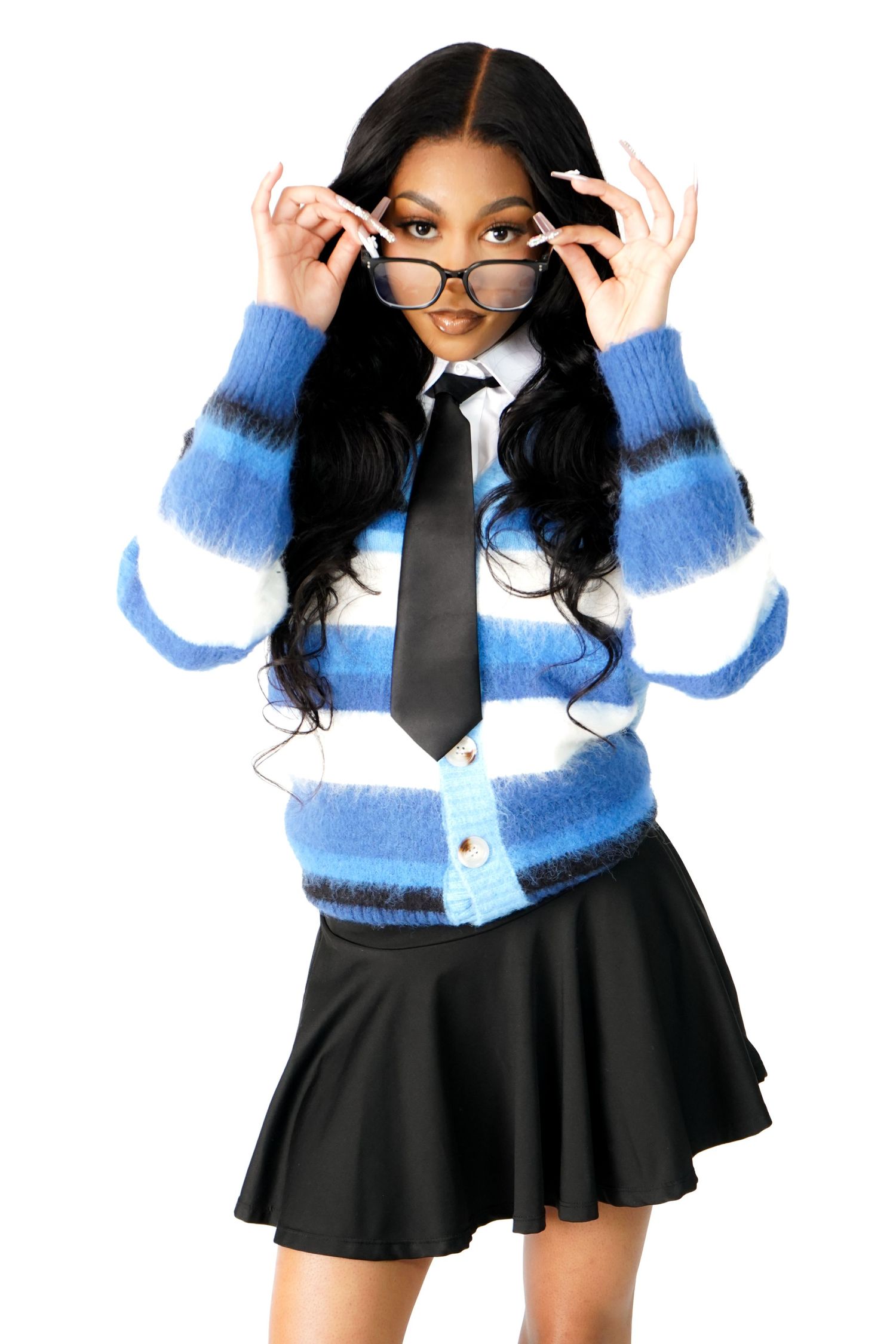Stylish schoolgirl-inspired outfit series with blue striped sweater, black skirt, and tie against white background.