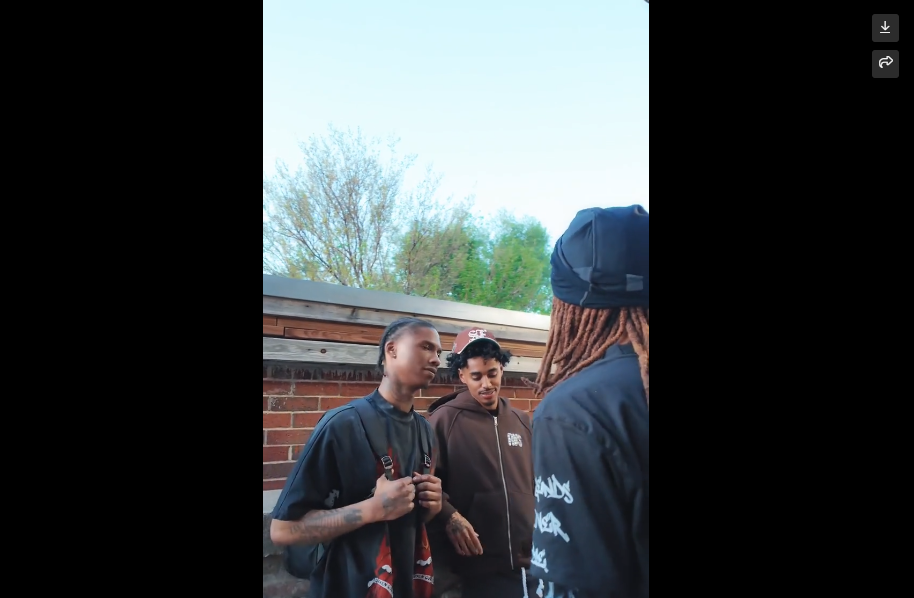 Five sequential photos show people engaged in conversation and interaction outside a brick building.