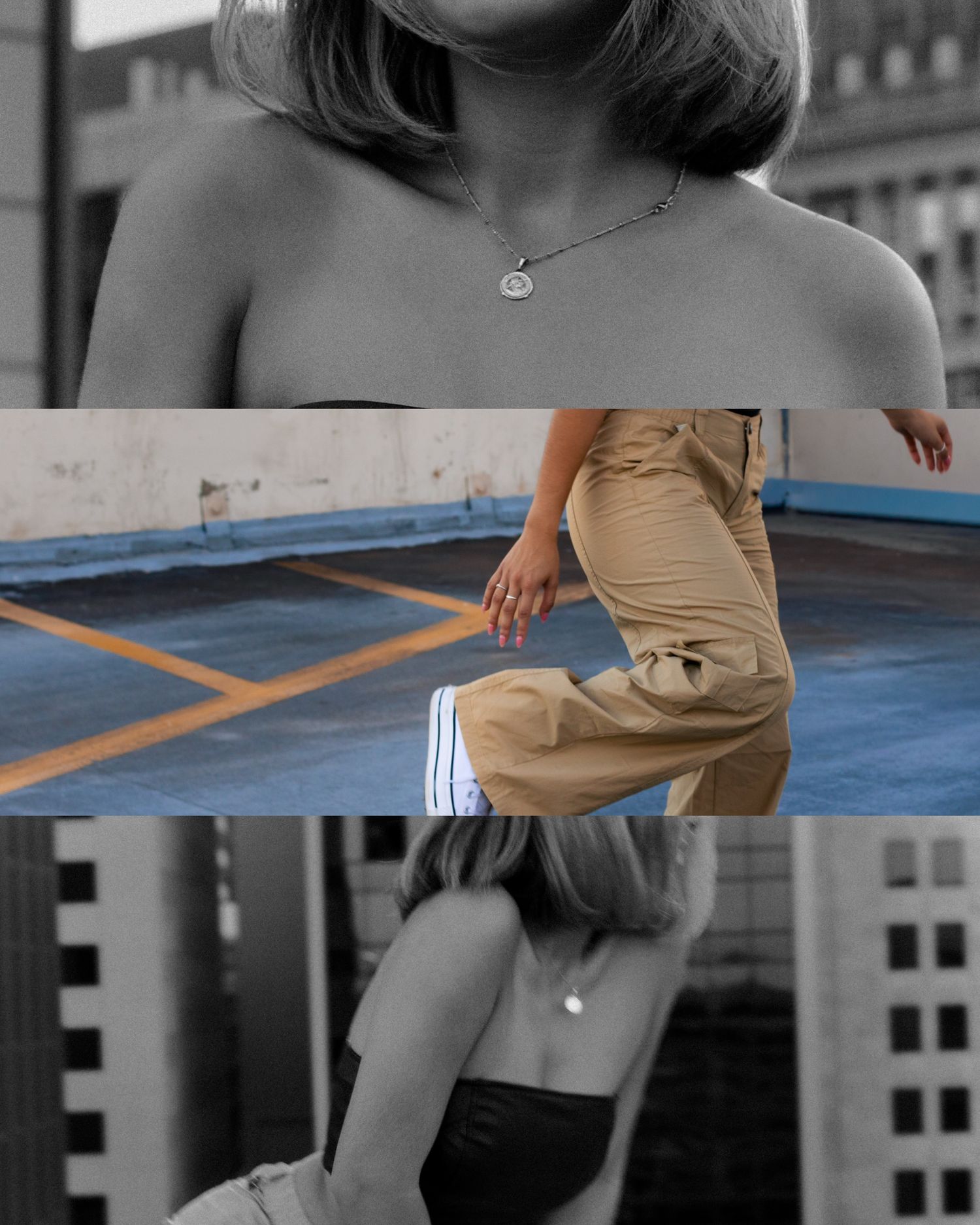 OKC senior on rooftop parking garage with skyline at sunset, photographed by Edmond & OKC photographer Taylor Maze, natural light portraits.