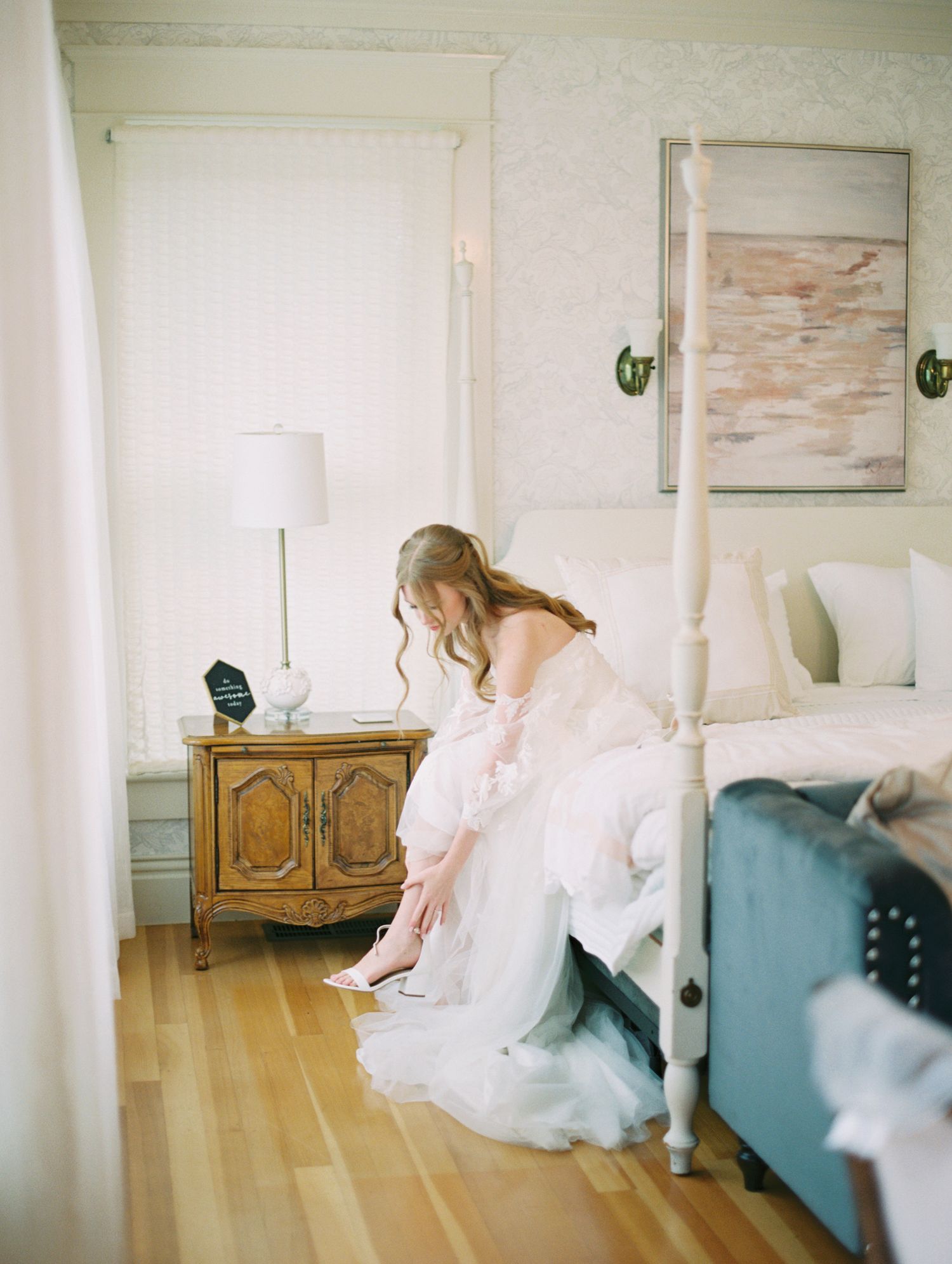 Editorial bridal close-up on 35mm film, soft focus and glowing natural light.