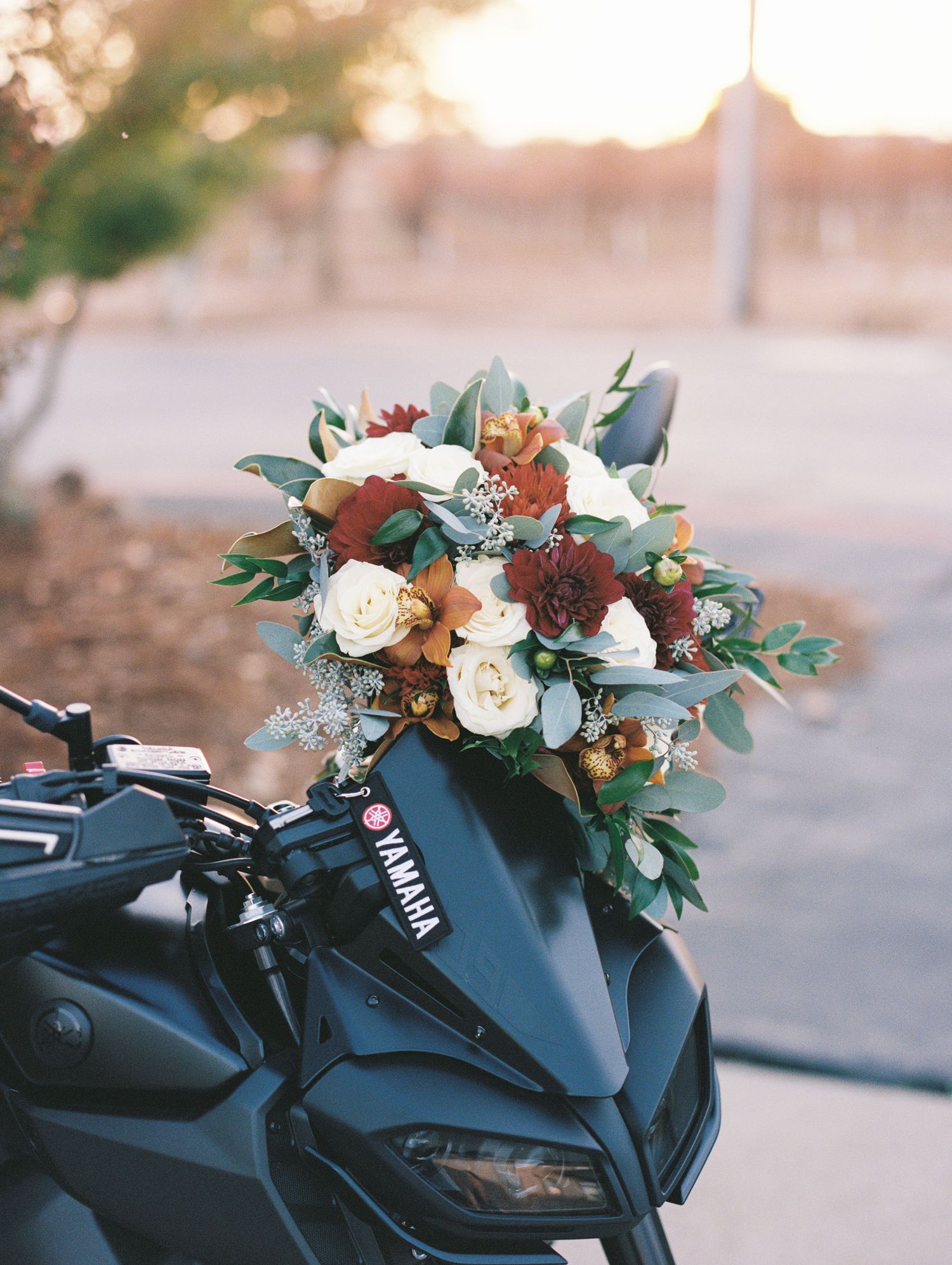 florals resting on a motorcycle