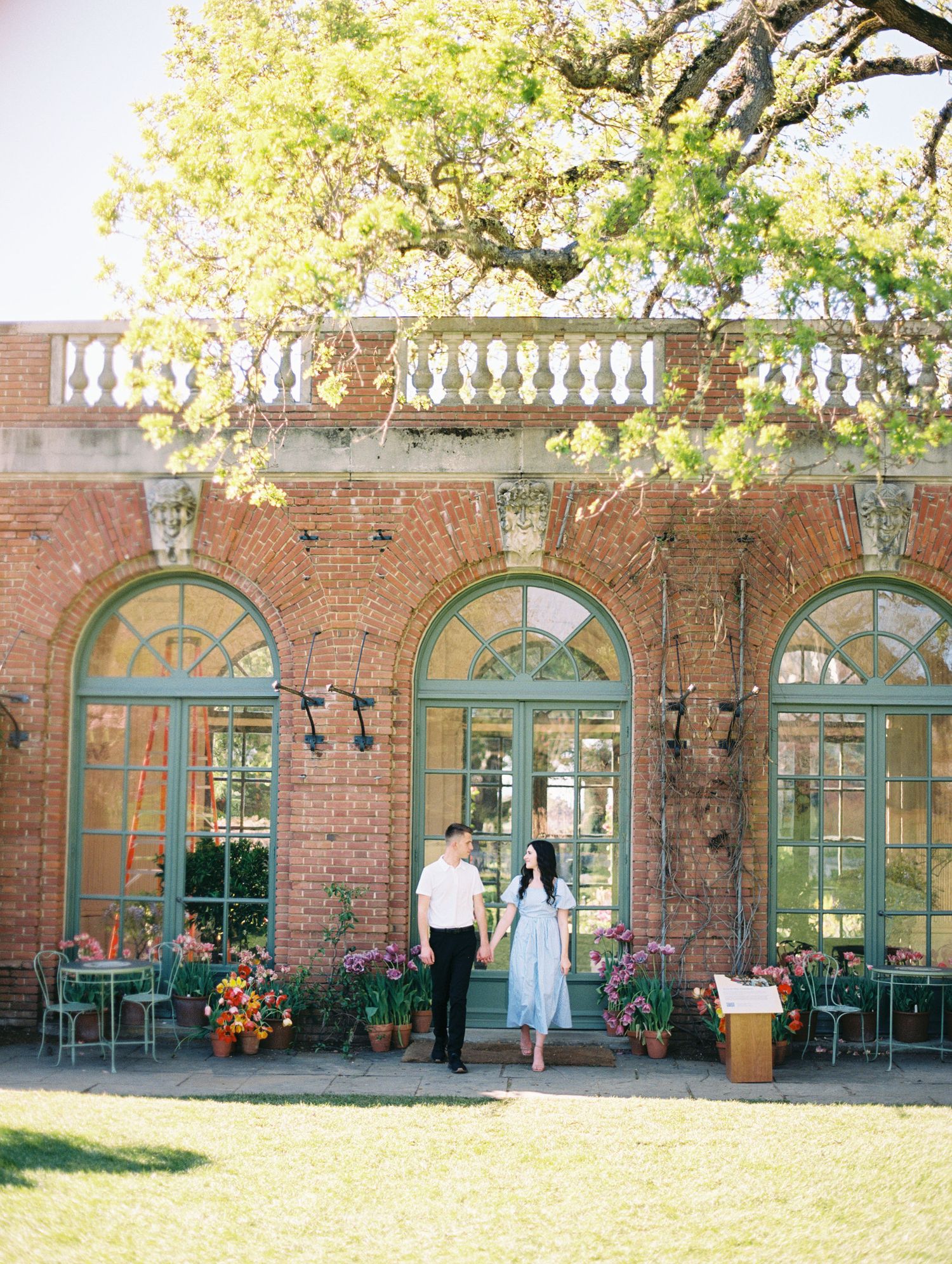Film photo of couple embracing outdoors with sun flare in Filloli Gardens in the Bay Area