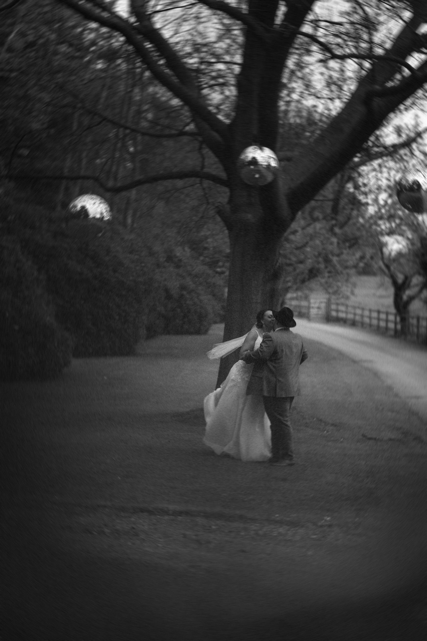 A romantic black and white photograph shows a couple embracing beneath trees in a dreamy outdoor setting.