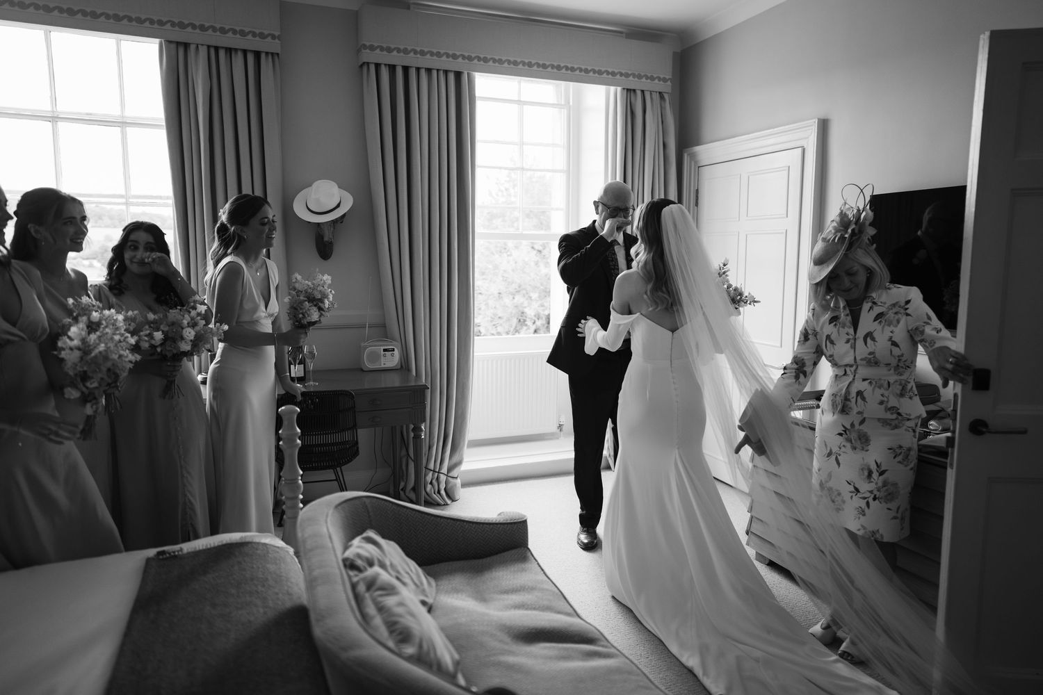 Series of getting ready moments in a bright hotel room with natural window light.