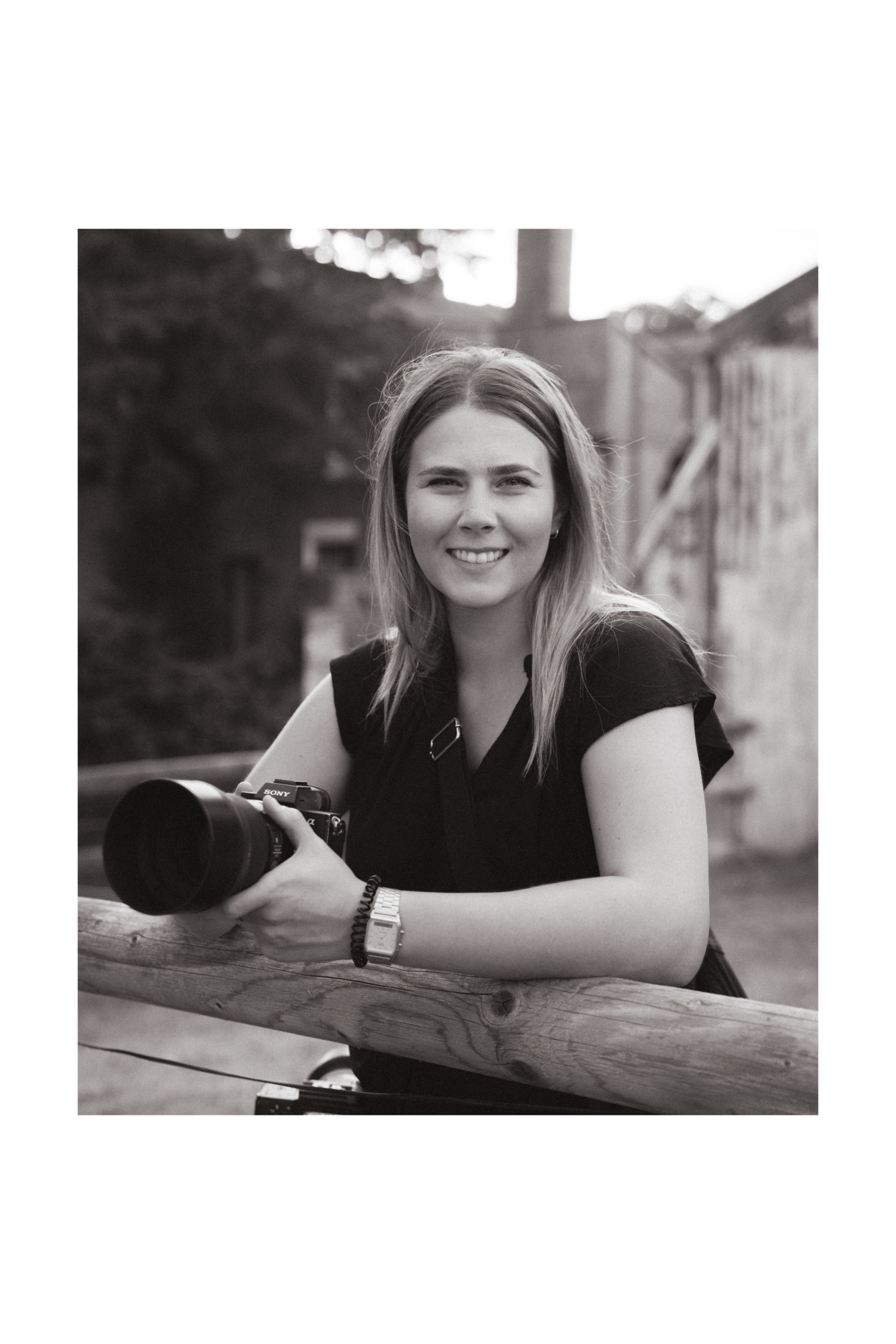 Black and white portrait series showing someone in casual attire relaxing outdoors in various poses.