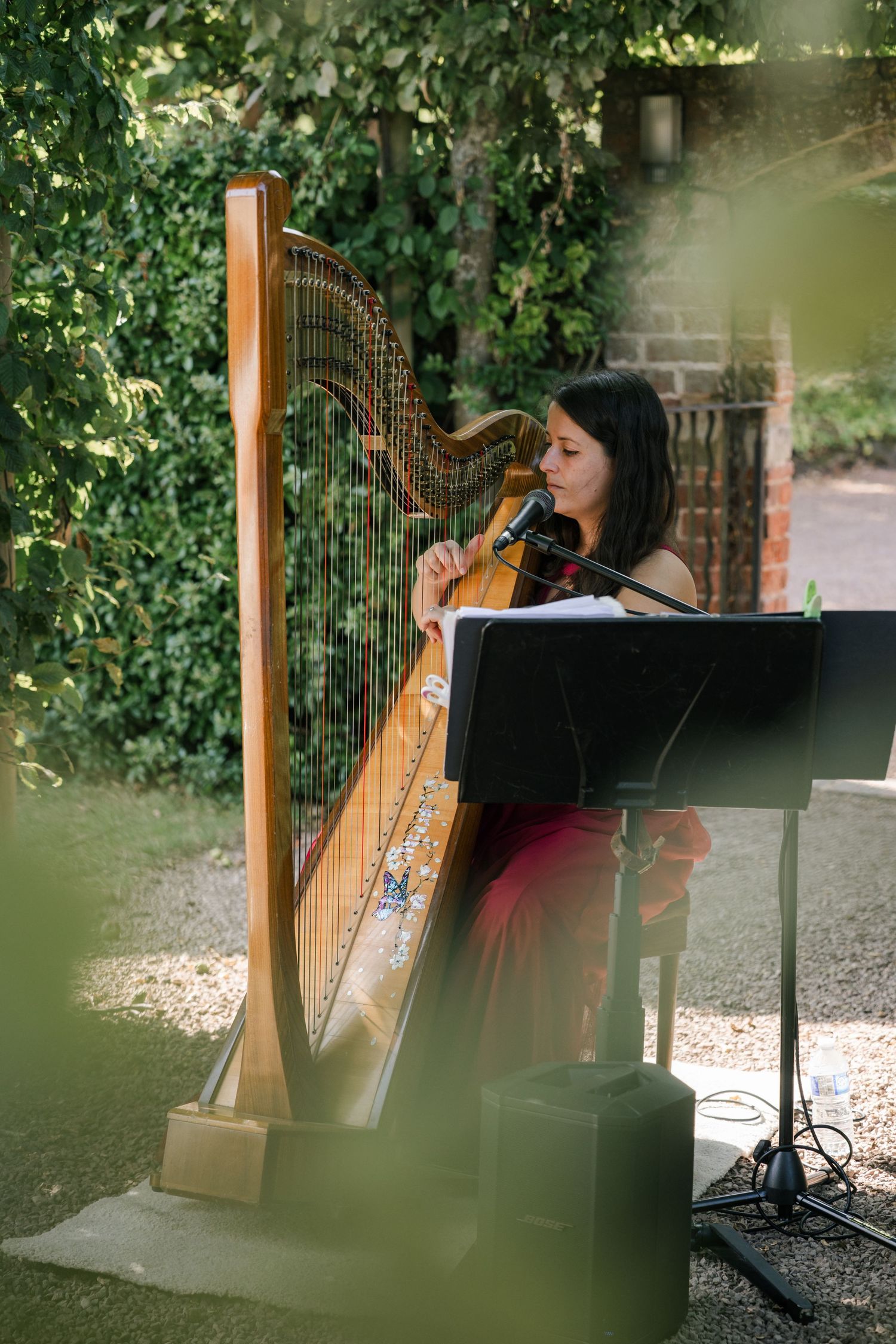 A musician performs on a classical harp in an outdoor garden setting with lush green foliage in the background.