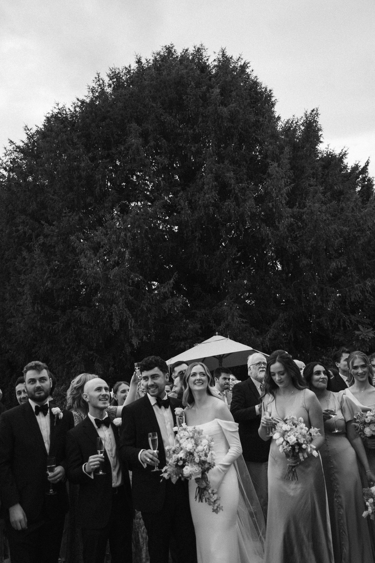 Wedding party members stand in a line outdoors with trees in background.