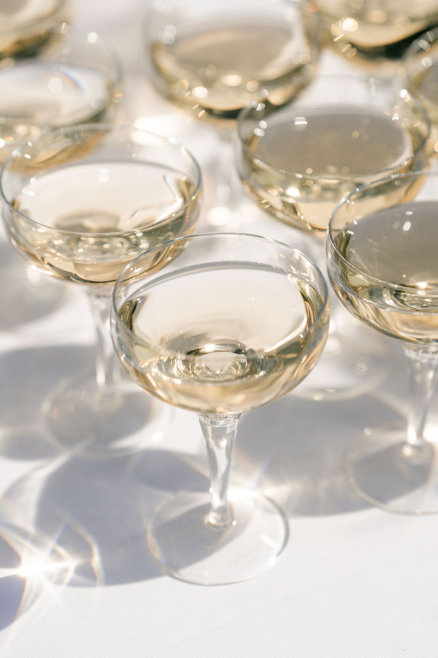 Multiple wine glasses filled with white wine casting shadows on a white surface in bright lighting.