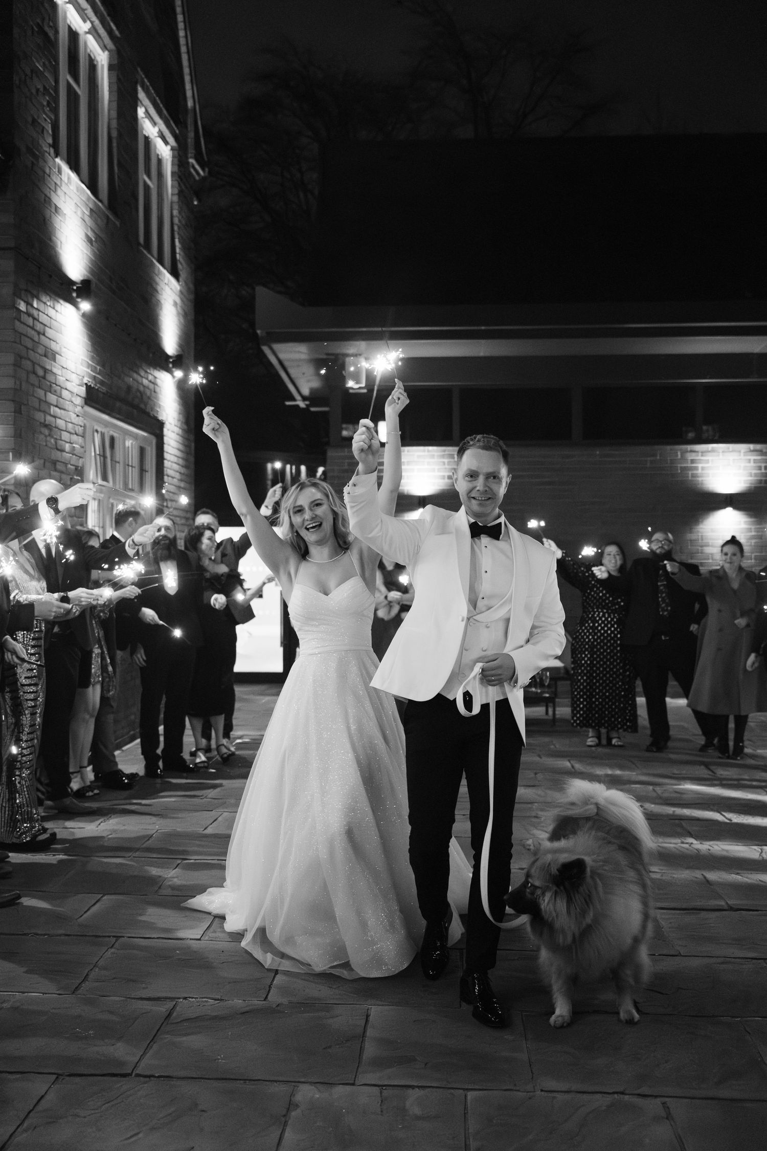 A black and white photo sequence shows a couple dancing with their dog at an outdoor wedding reception.