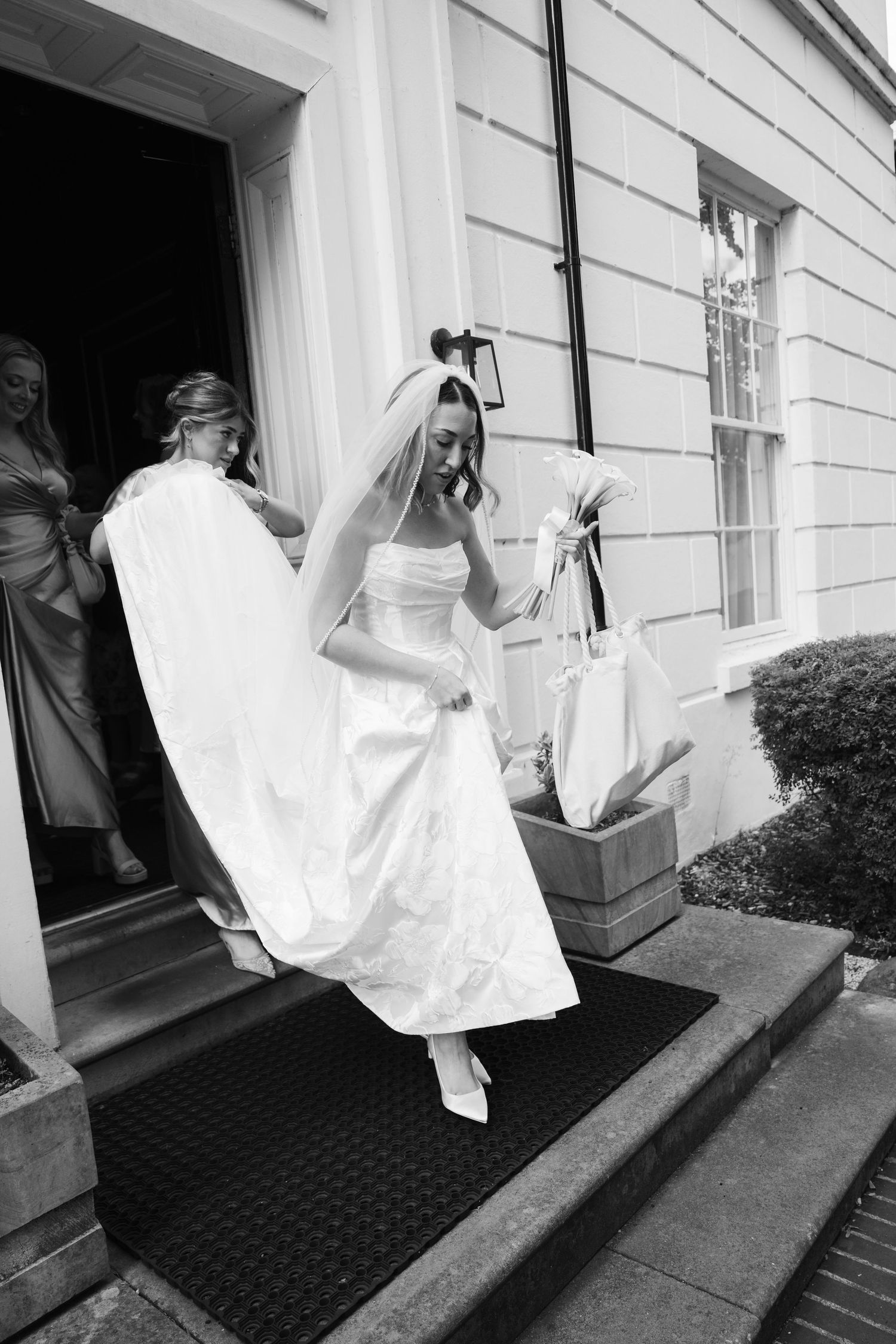 A sequence of photos showing a bride in a white dress entering through a doorway.