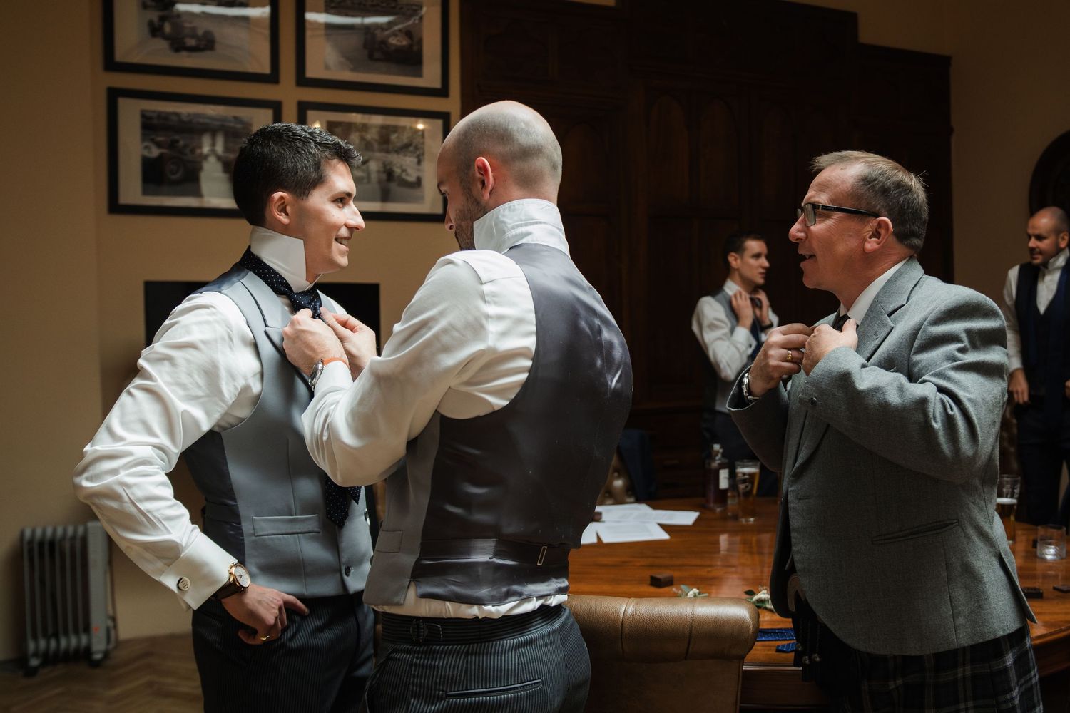 Candid moments of wedding party members in formal attire.