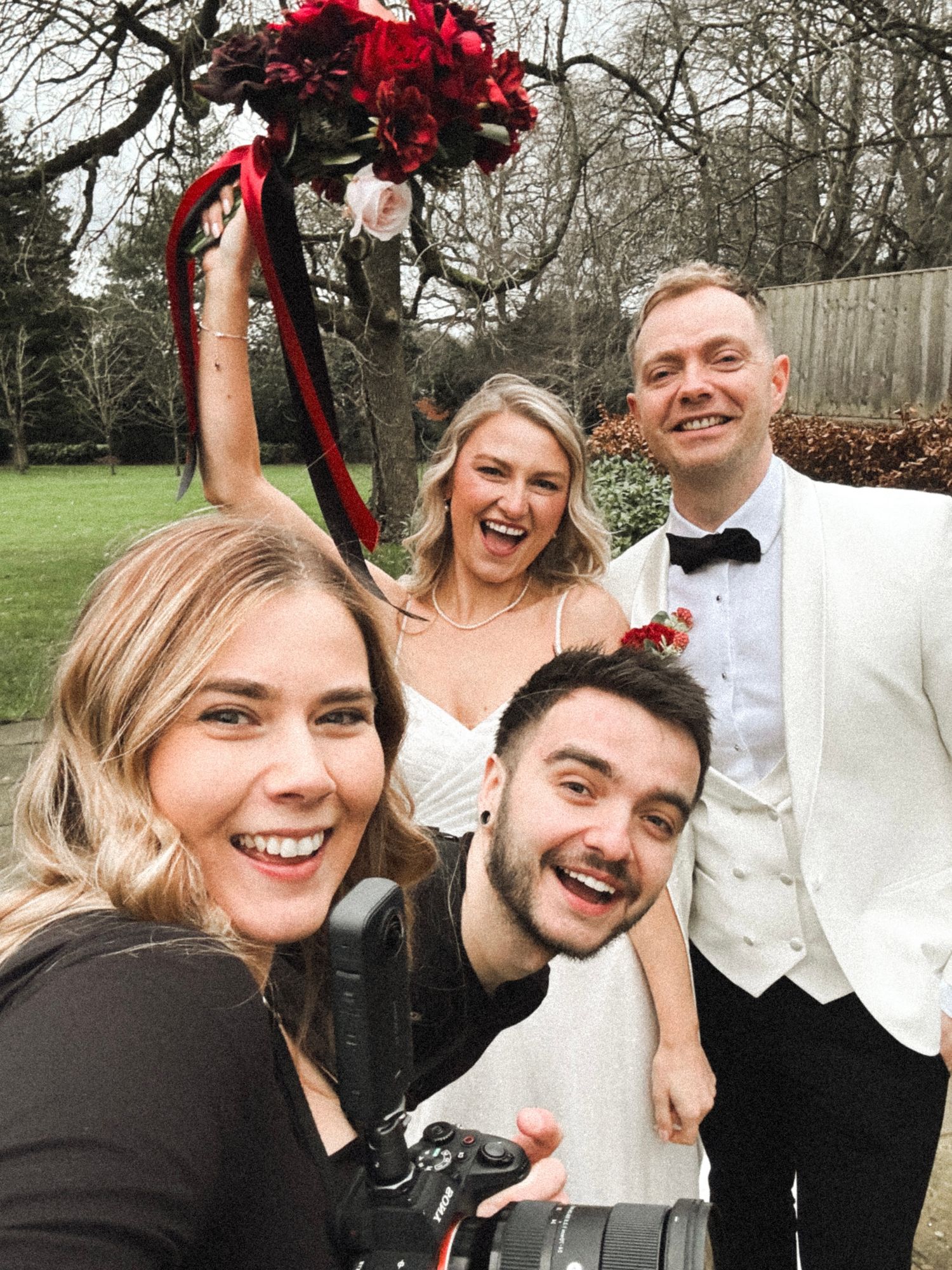 Wedding couple poses joyfully outdoors with red rose bouquet in a series of candid celebration photos.