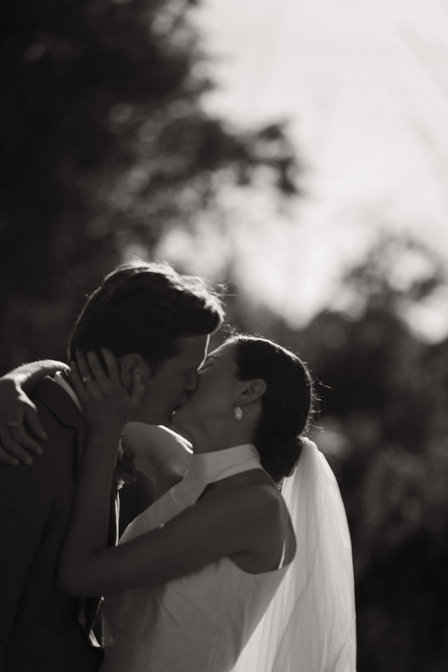 Silhouetted couple sharing a romantic kiss outdoors with a flowing white veil in soft backlit lighting.