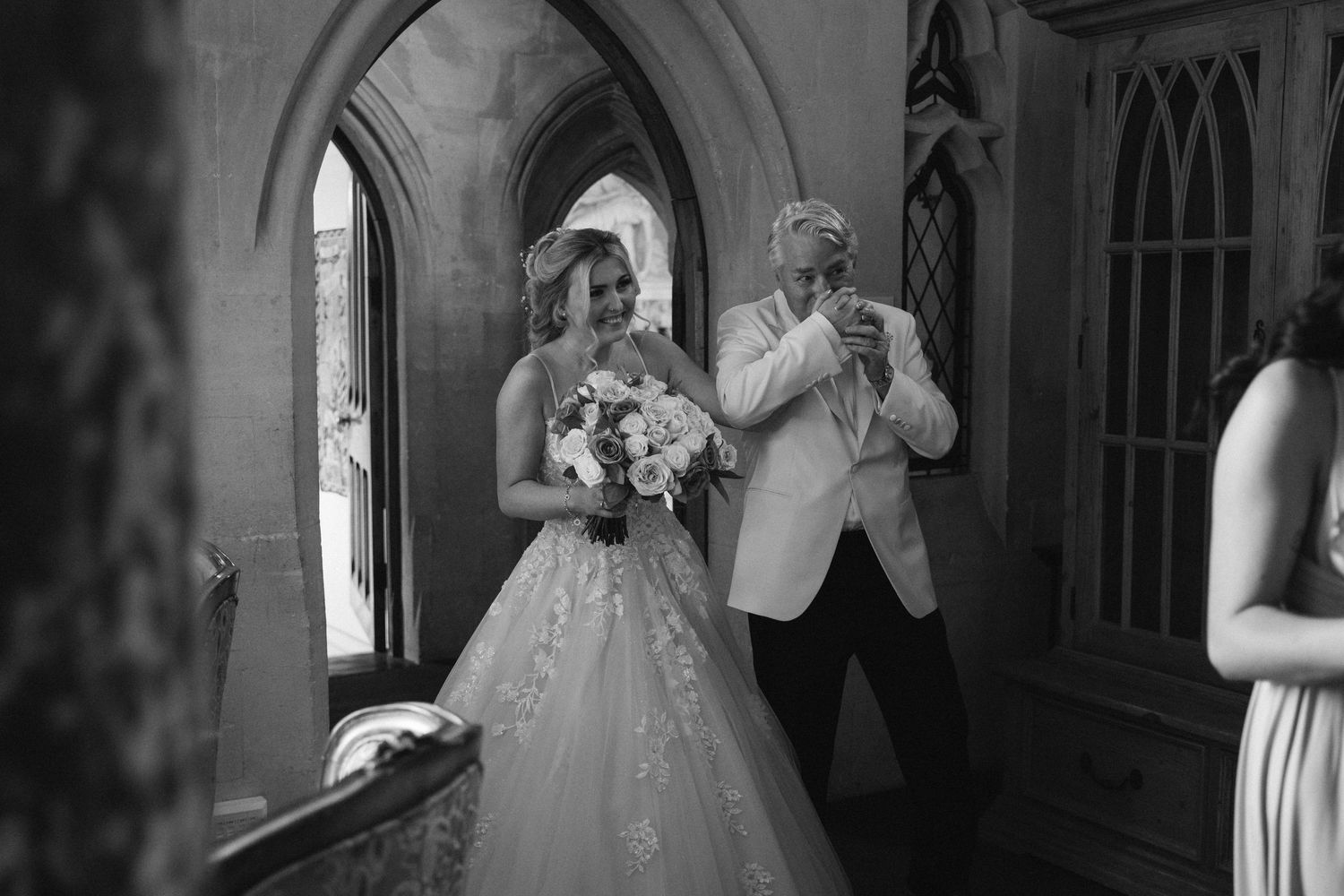 A black and white photo collage showing multiple wedding moments in a church or cathedral setting.