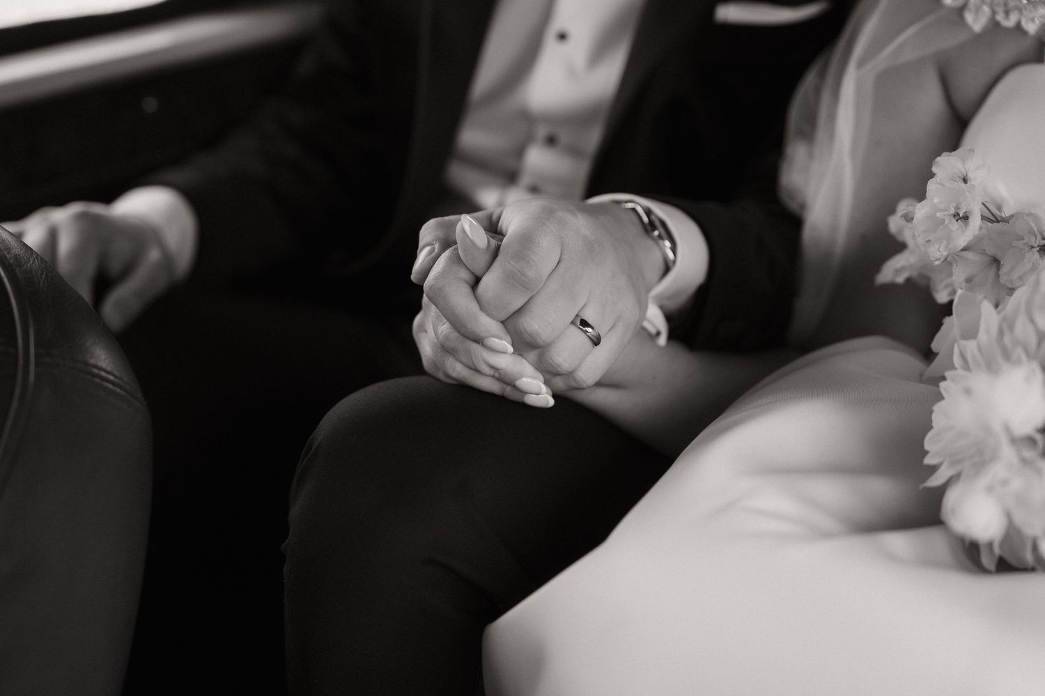 A romantic black and white wedding photo collage showing tender moments between newlyweds during their celebration.