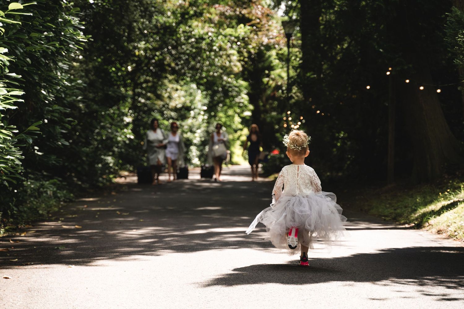 A sequence of photos showing a person walking away on a sunlit tree-lined path in a park.