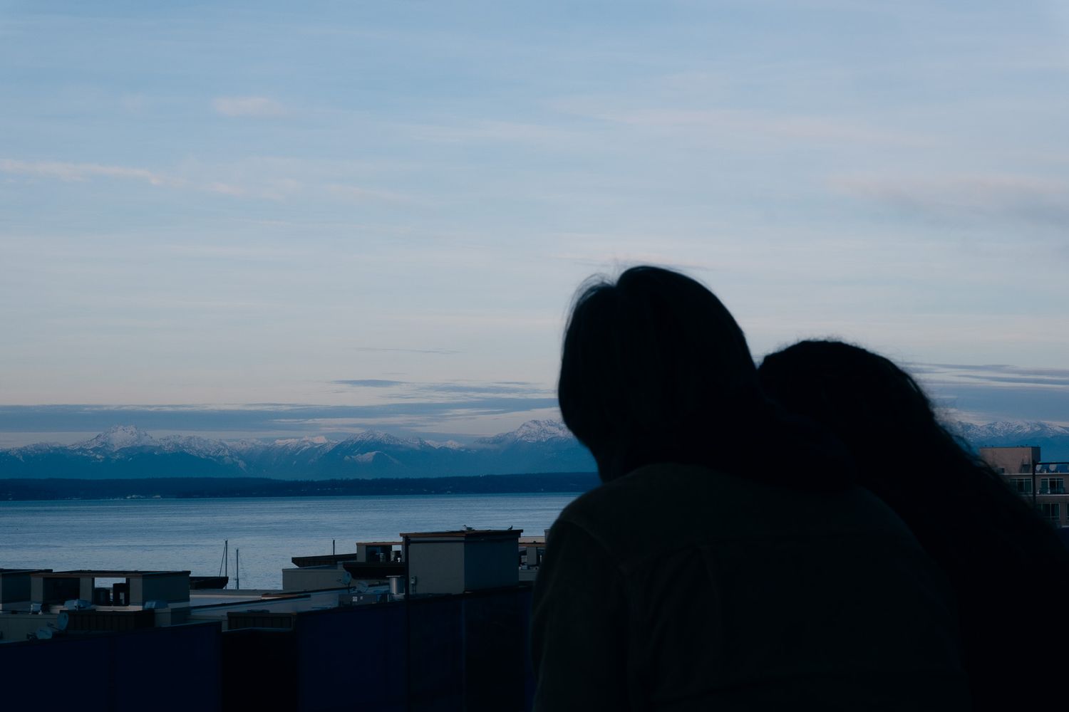Silhouette of couple embracing while overlooking scenic ocean bay with mountain backdrop at dusk.