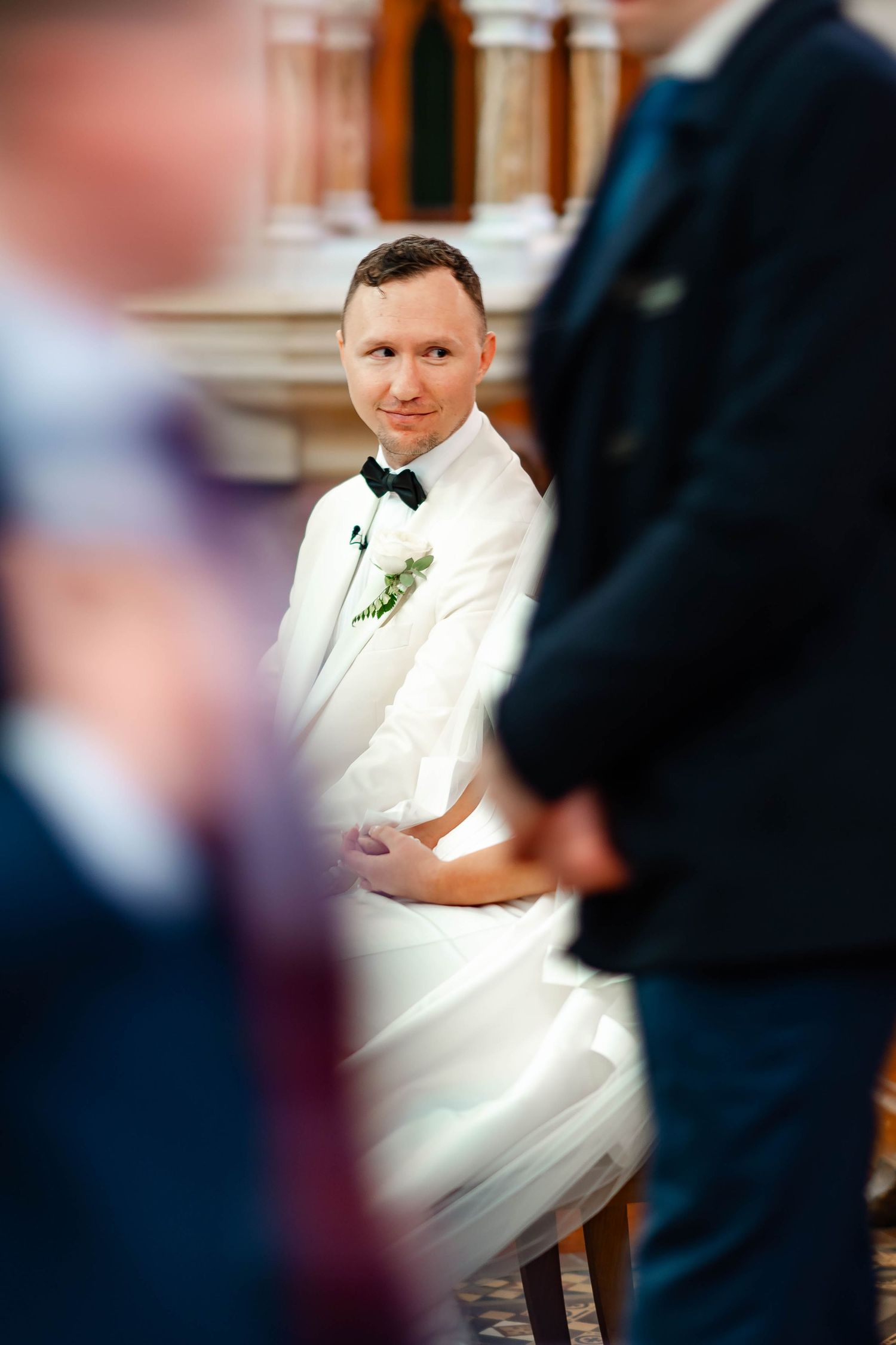 A sequence of wedding photos showing someone in a white dress sitting and posing at different angles.