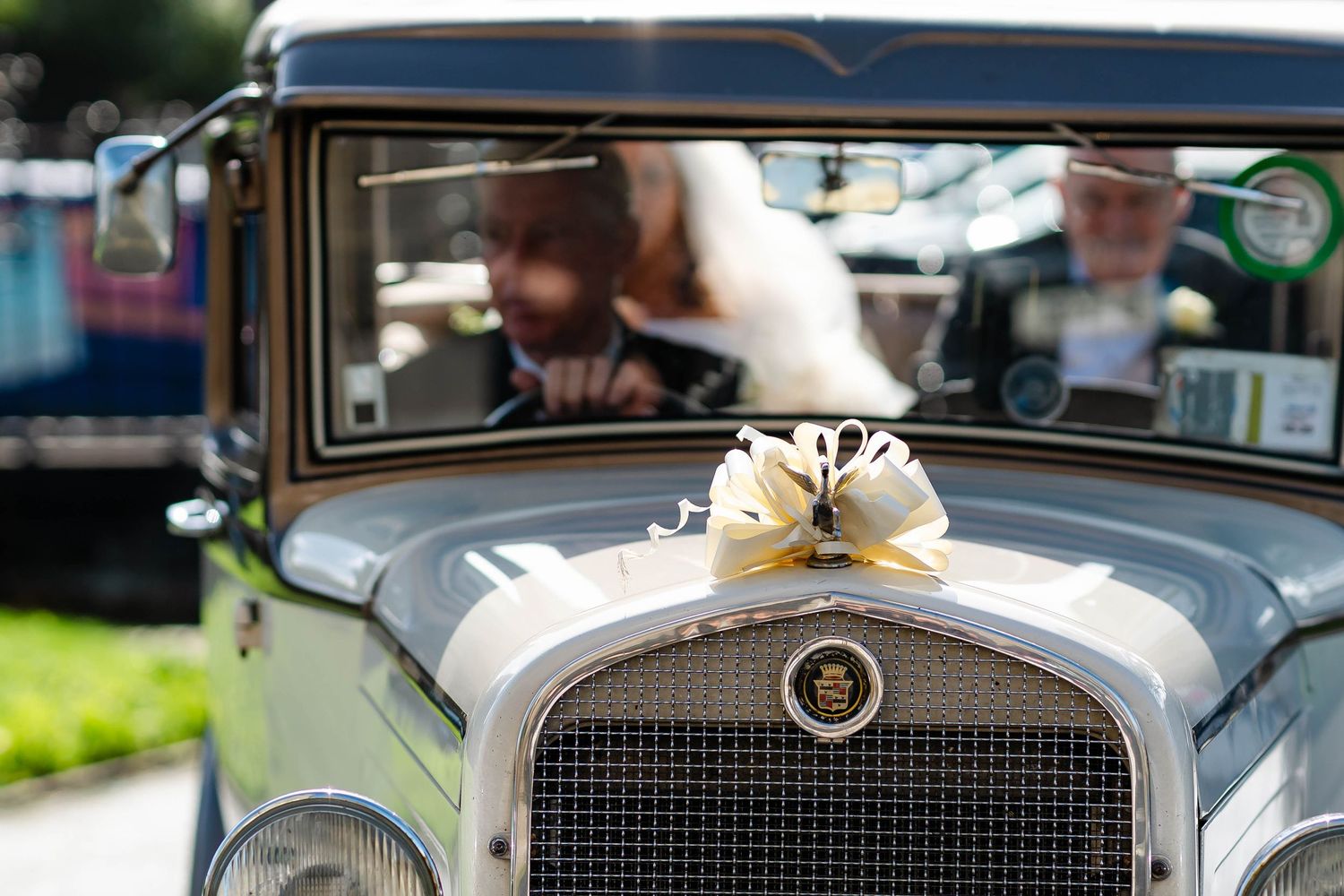 A row of vintage luxury car hood ornaments and emblems including Mercedes-Benz, Packard, and other classic automobiles.