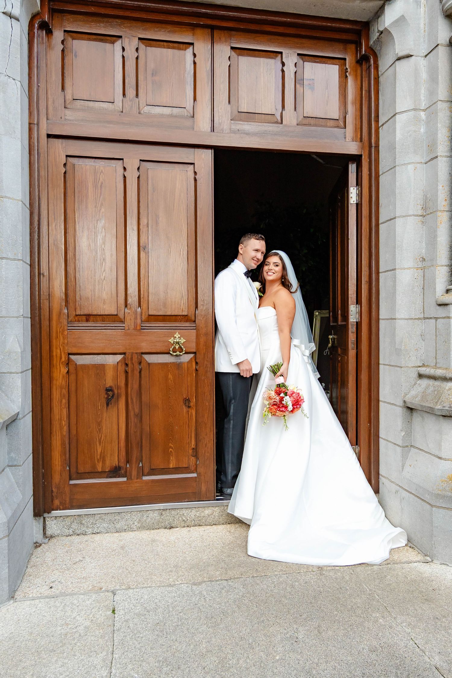 Three wedding photos showing brides in white dresses posing in front of wooden church doors.