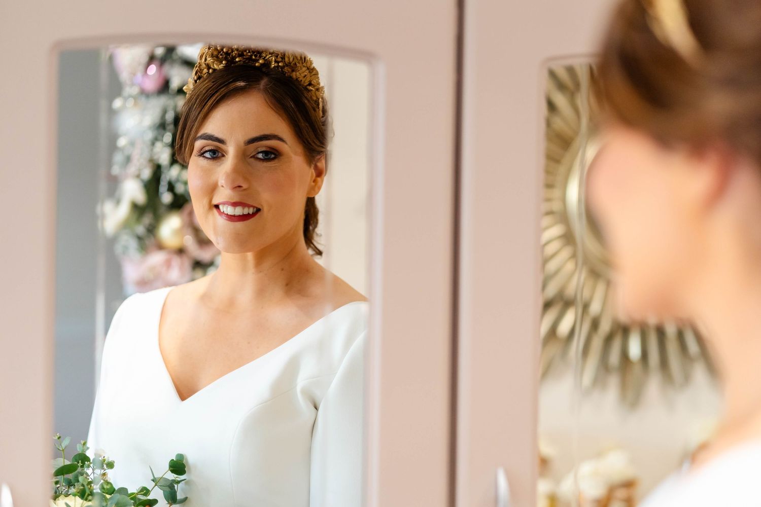 Elegant bridal preparation shots showing wedding day details and styling.
