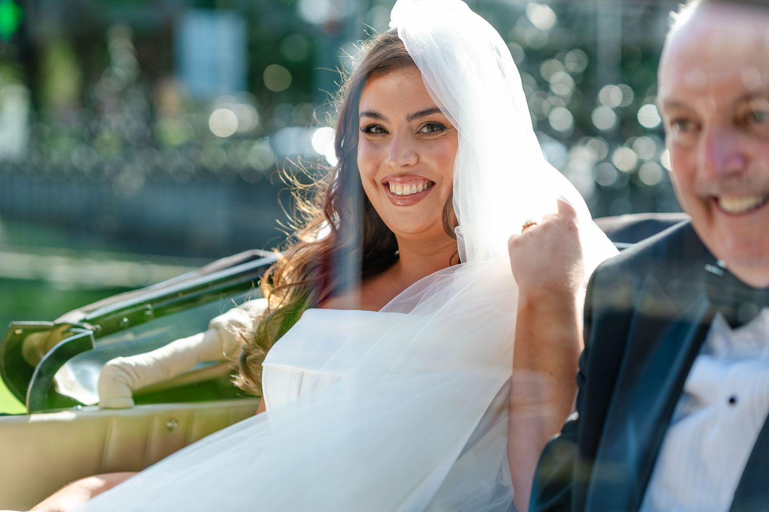 A series of wedding celebration photos showing champagne toasts and candid moments during an outdoor reception.