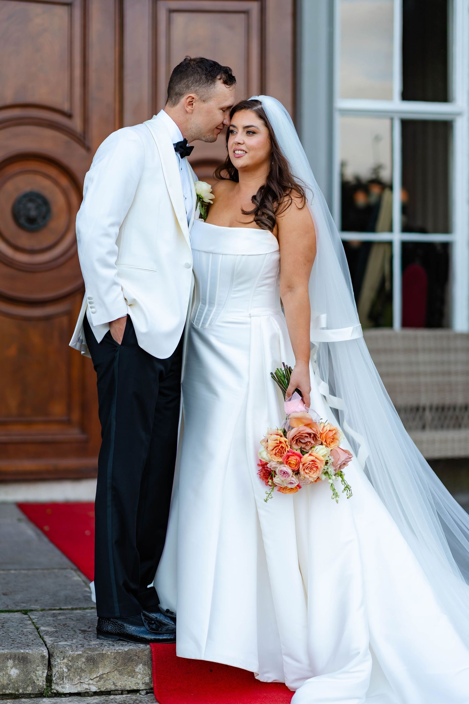 A series of romantic wedding photos showing tender moments between a couple in white attire on their special day.