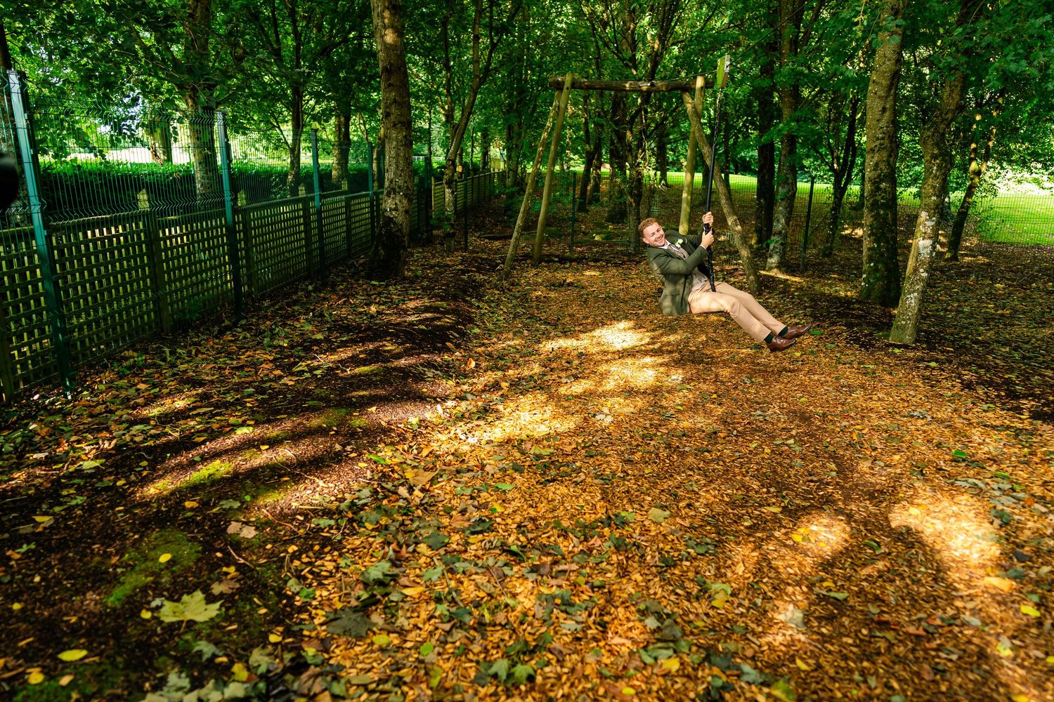 Sunlit wooded path with dappled light filtering through dense green foliage.