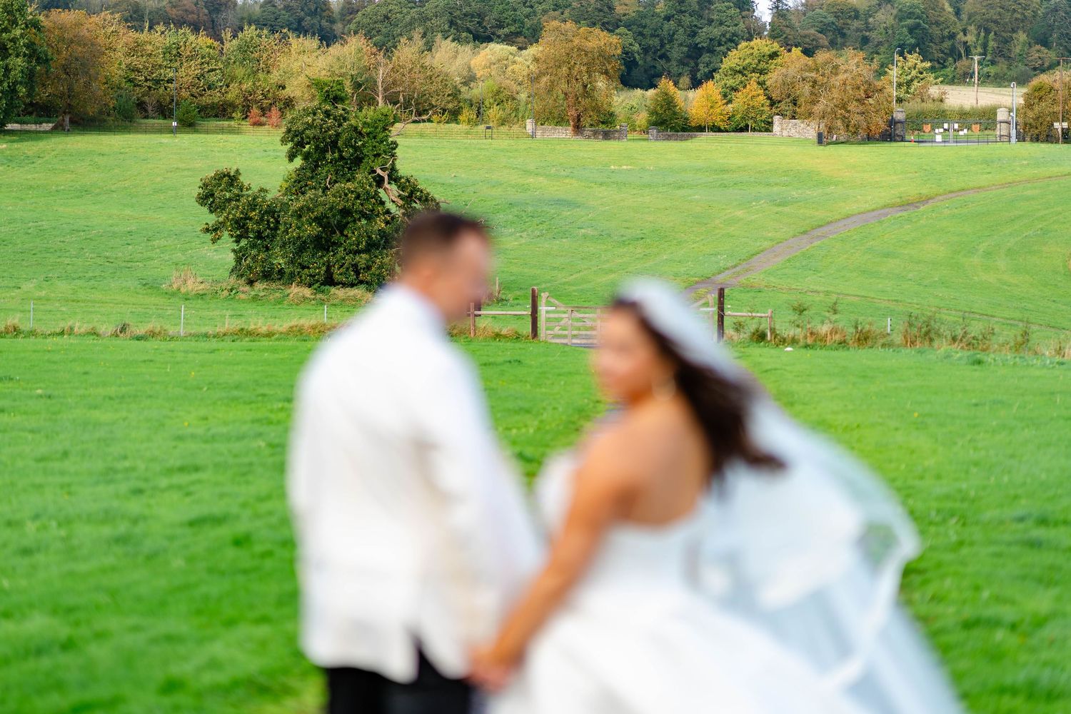 A couple in wedding attire dances together in a lush green field with autumn trees in the background.