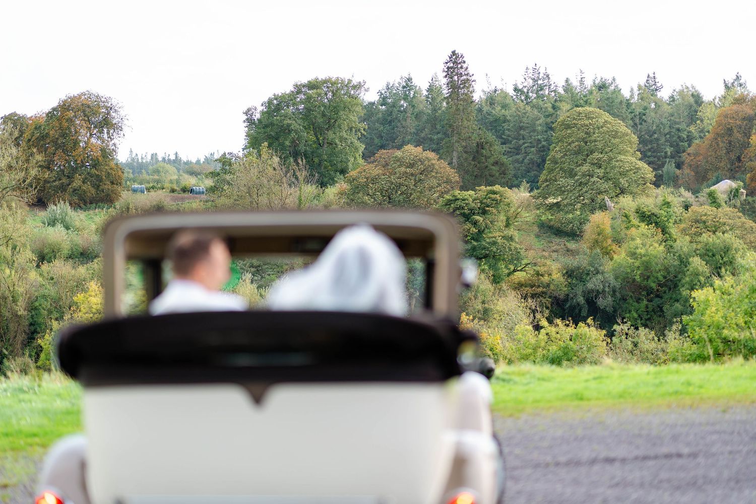A couple in a vintage car viewed from behind looking out at green countryside scenery.