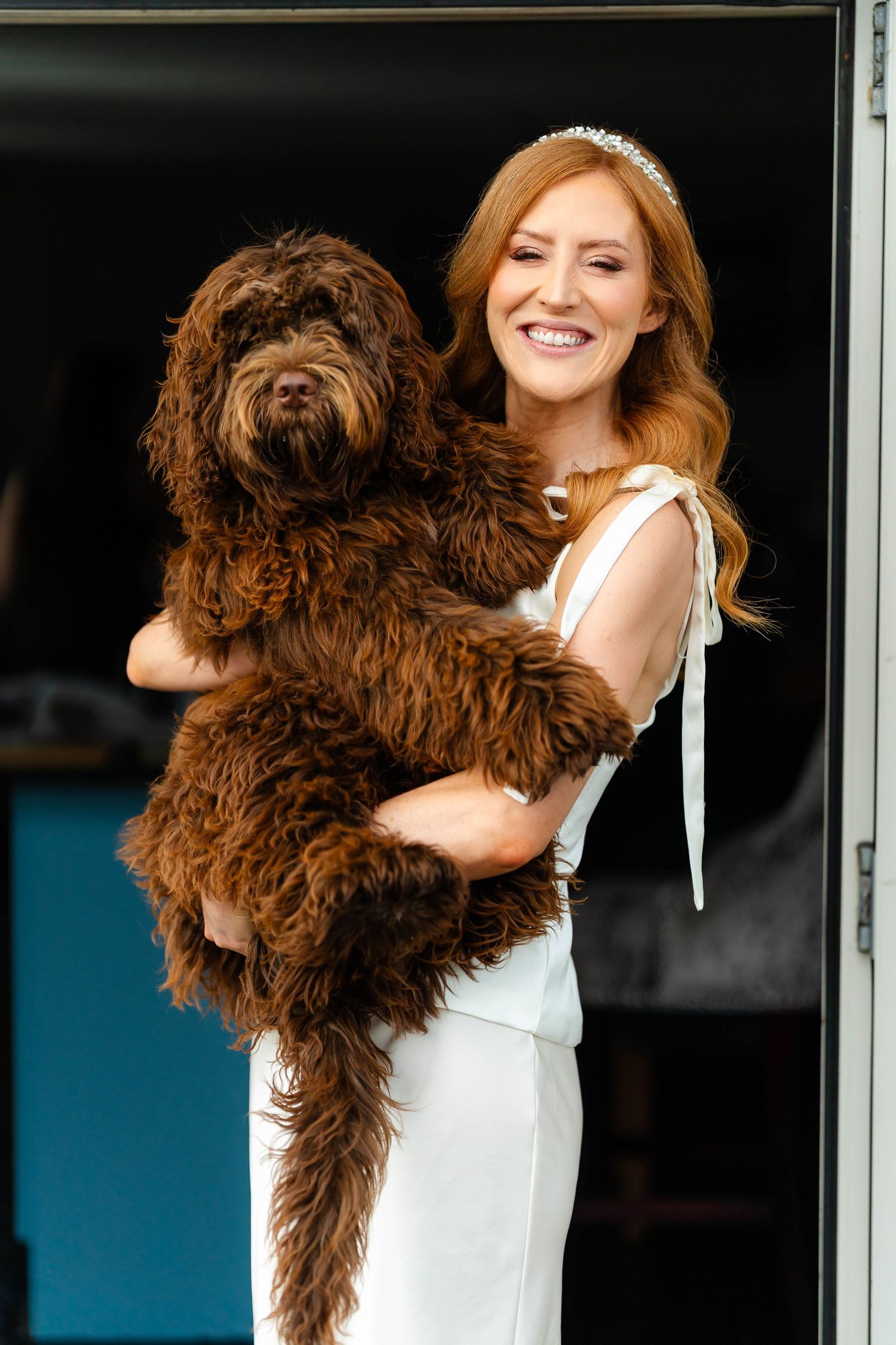 Playful moment with large brown fluffy dog against dark background.