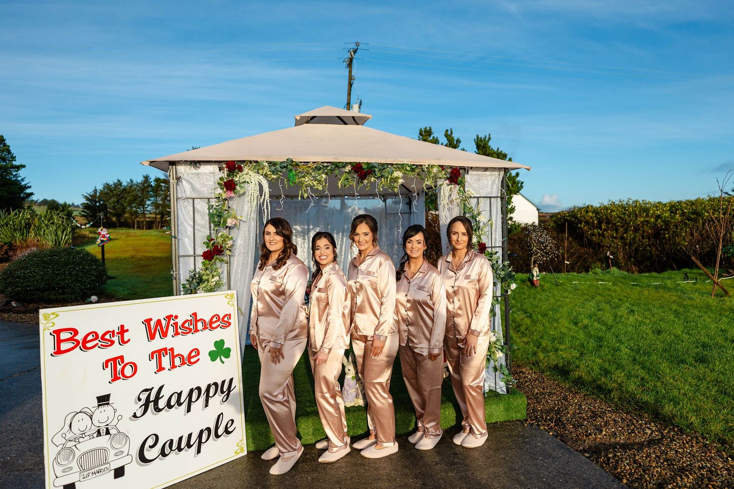 Wedding party posing outdoors against a scenic countryside backdrop with blue skies.