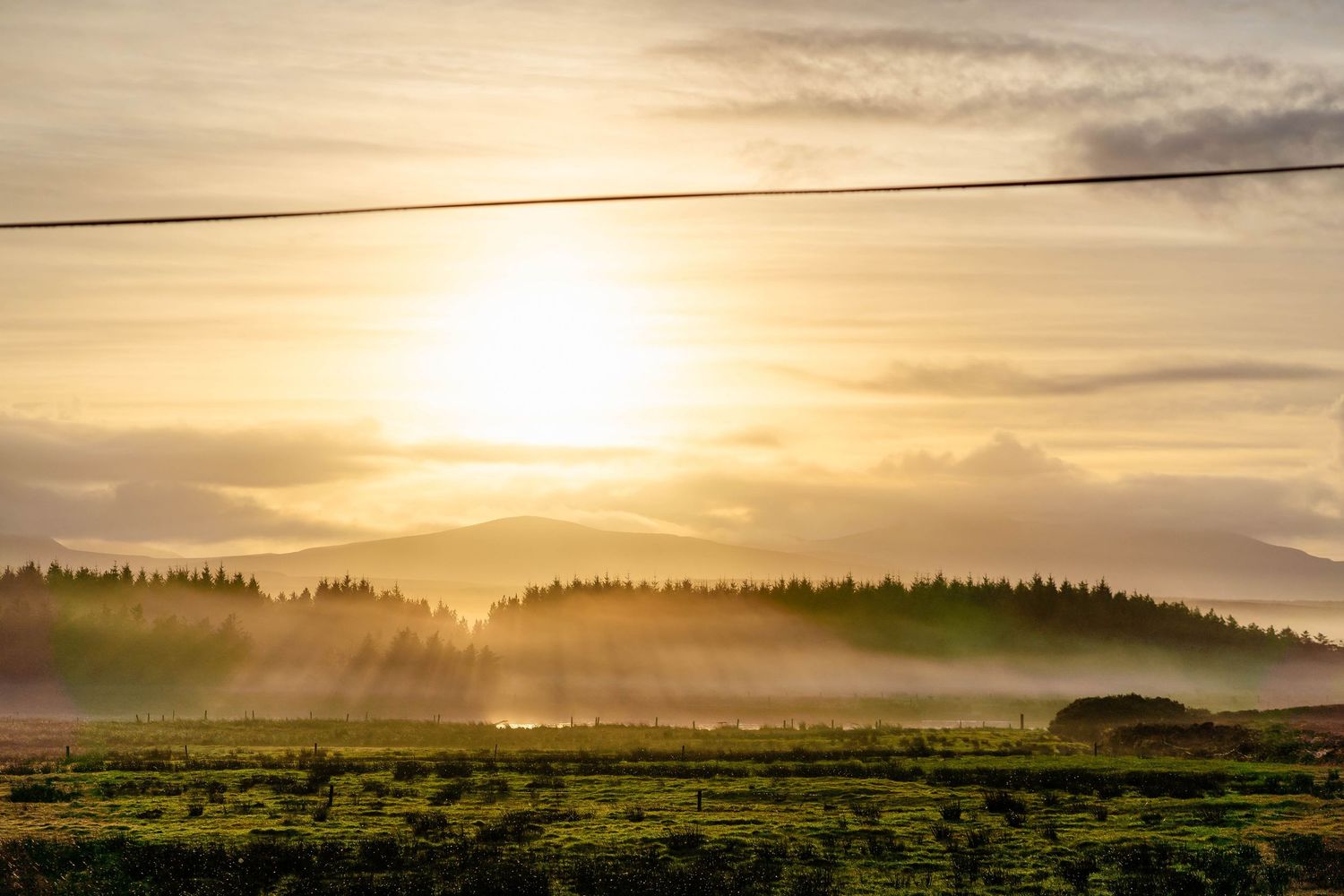 Stunning sunset over misty forest landscape with golden sunbeams streaming through clouds.