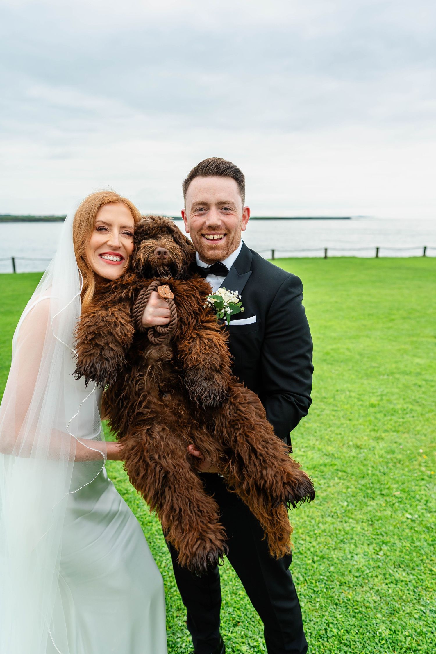 A couple poses playfully with their large brown fluffy dog on a grassy coastal field during their wedding day.