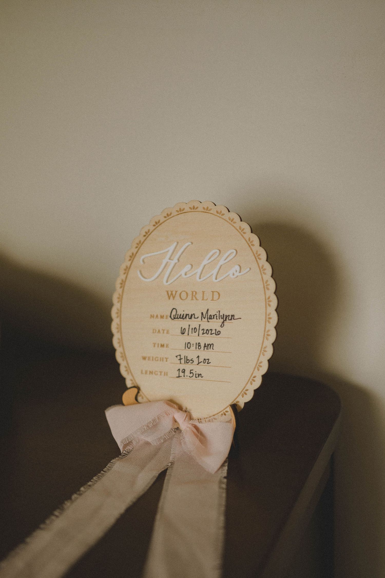 Elegant oval wooden birth announcement sign reading Hello World with baby stats and pink ribbon bow.